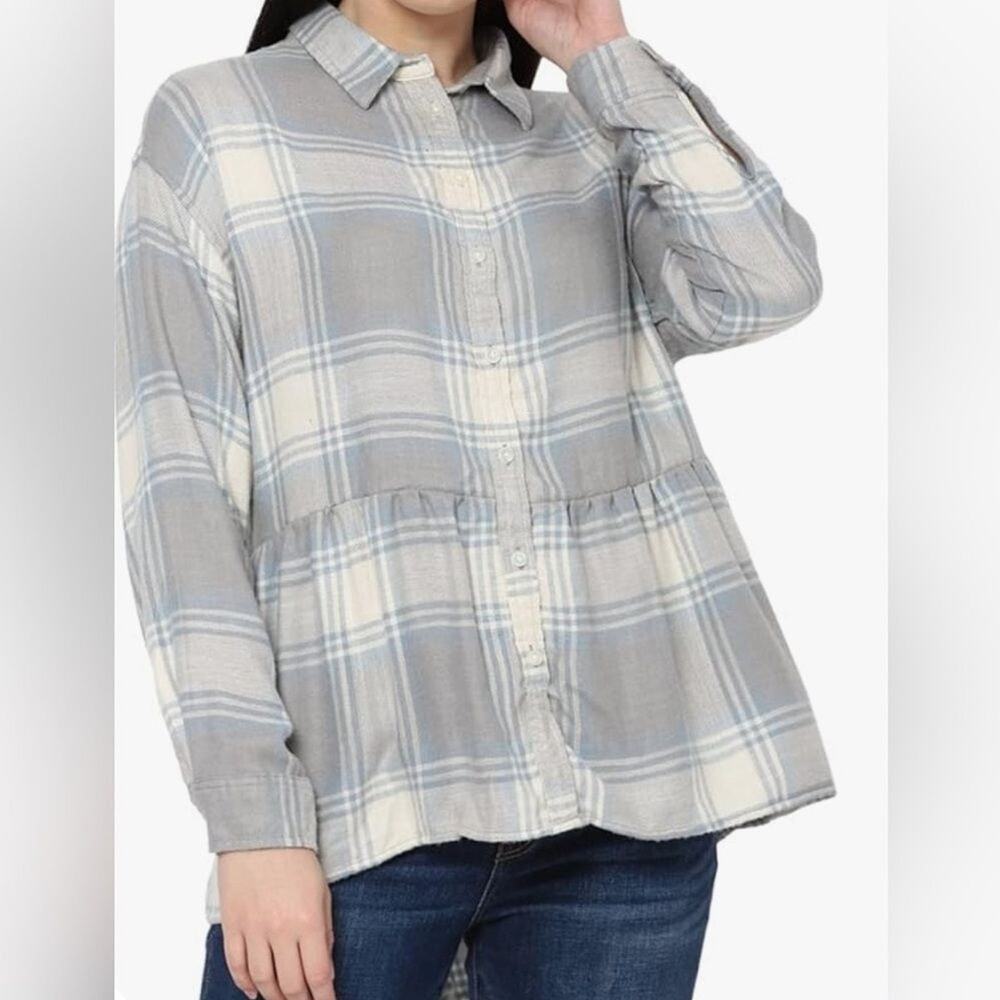 American Eagle Oversized Plaid Button Top Gray Blue Flannel Style Women’s Size M